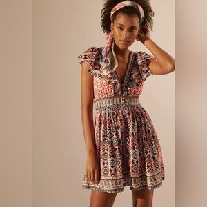Beaded & Embroidered Flutter Sleeve Mini Dress womens US 2